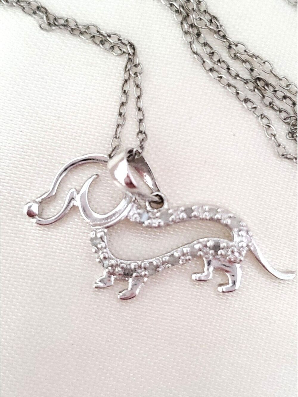 Vintage Sterling Silver CZ Dachshund 18" Necklace Pendant